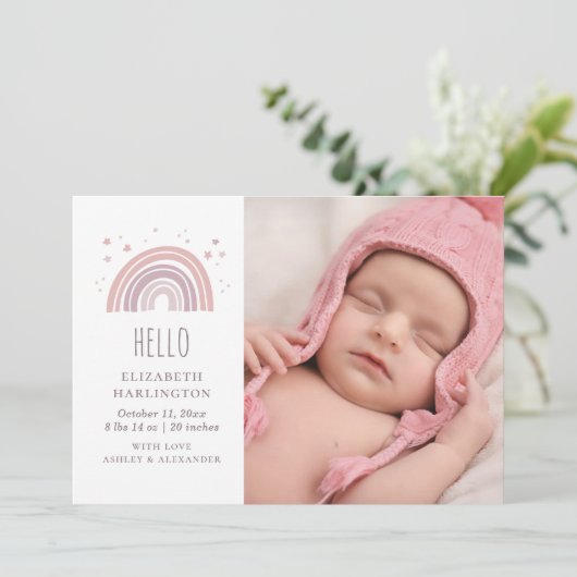 ピンクと紫のレインボー新生児誕生。新生児 案内状 (スタンド正面)