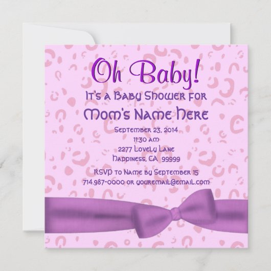 ピンクと紫のレオパード·ボウ·フェイクベビー·ガール·シャワー 招待状 (正面)