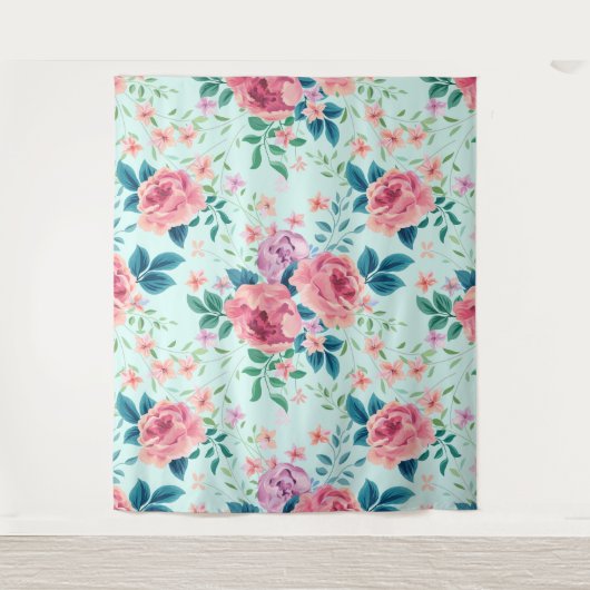 ピンクと紫のヴィンテージの花模様 タペストリー (正面)