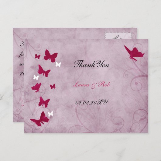 ピンクと紫のヴィンテージ蝶ありがとう ポストカード (正面/裏面)