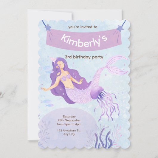 ピンクと紫の人魚の誕生日パーティーの招待状 招待状 (正面)