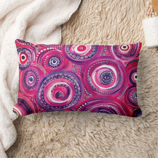 ピンクと紫の円と渦巻きオリジナルアート ランバークッション (ブランケット)