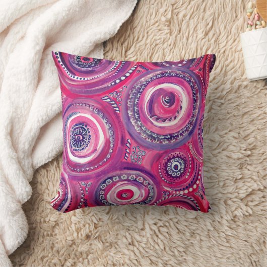 ピンクと紫の円と渦巻き抽象芸術 クッション (ブランケット)