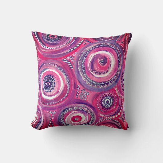 ピンクと紫の円と渦巻き抽象芸術 クッション (正面)