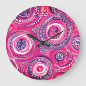 ピンクと紫の円と渦巻き抽象芸術 ラージ壁時計 (正面)