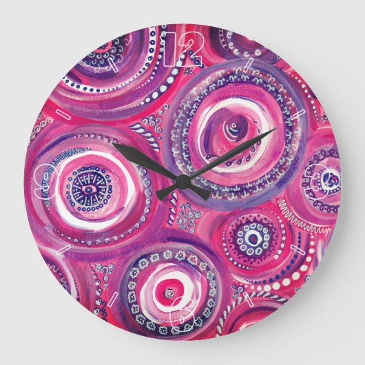 ピンクと紫の円と渦巻き抽象芸術 ラージ壁時計 (正面)