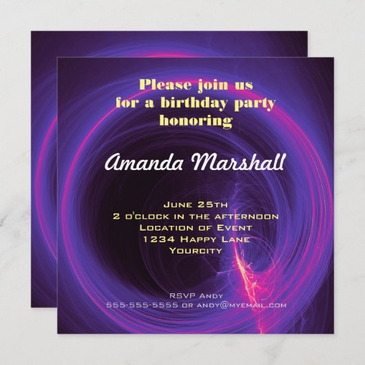 ピンクと紫の円形抽象芸術誕生日 招待状 (正面/裏面)