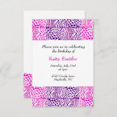 ピンクと紫の動物パターン誕生日招待状 招待状 (正面/裏面)