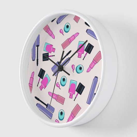 ピンクと紫の化粧品柄 壁時計 (傾斜)