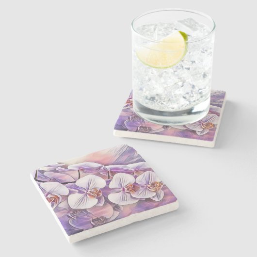 ピンクと紫の可愛い蘭の花の絵 ストーンコースター (横)