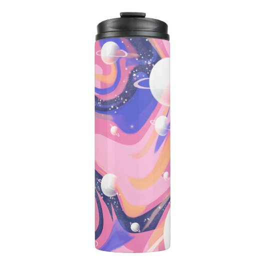 ピンクと紫の外側空間スワール抽象芸術 タンブラー (正面)