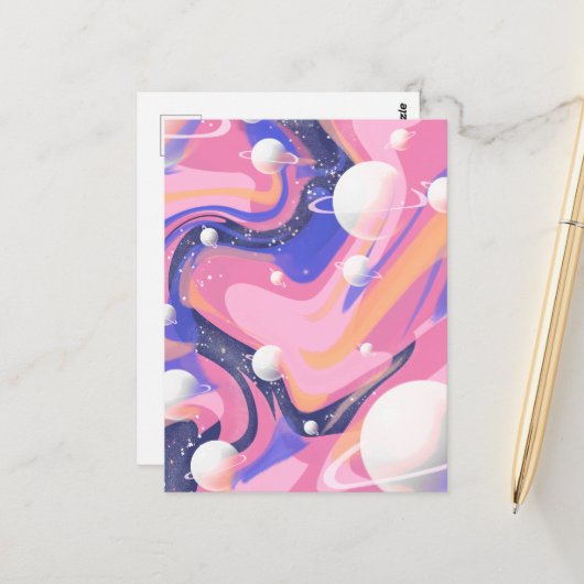 ピンクと紫の外側空間スワール抽象芸術 ポストカード (正面/裏面インサイチュ)