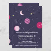 ピンクと紫の女の子宇宙ムーンバースデーパーティー 招待状 (正面/裏面)