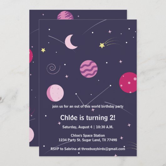 ピンクと紫の女の子宇宙ムーンバースデーパーティー 招待状 (正面/裏面)
