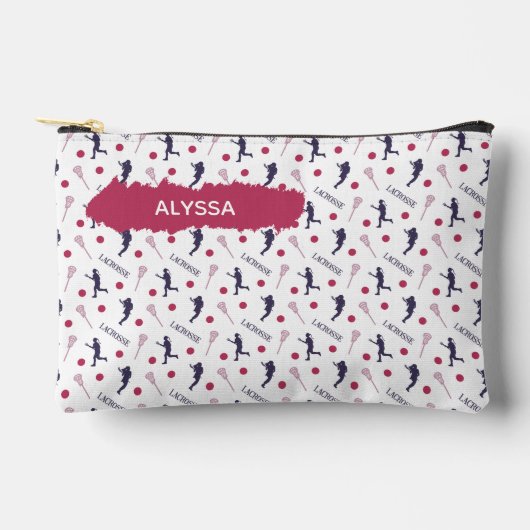 ピンクと紫の女性ラクロスプレーヤーパターン アクセサリーポーチ (正面)