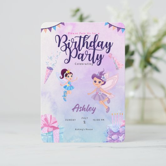 ピンクと紫の妖精の子供の誕生日カスタマイズ セーブザデート (スタンド正面)