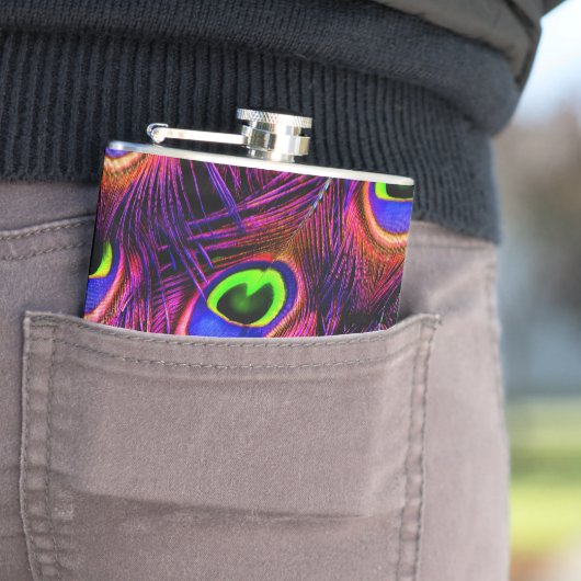 ピンクと紫の孔雀の羽毛のテクスチャデザイン フラスク (インサイチュ)