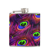 ピンクと紫の孔雀の羽毛のテクスチャデザイン フラスク (正面)