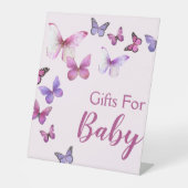 ピンクと紫の小さな蝶の赤ちゃんシャワーギフト 台座サイン (正面)
