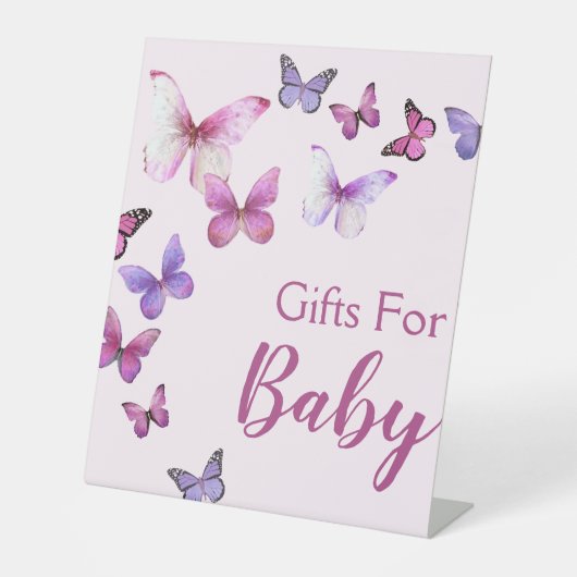 ピンクと紫の小さな蝶の赤ちゃんシャワーギフト 台座サイン (正面)