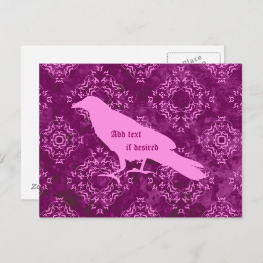 ピンクと紫の幾何学的なダマスクの上のピンクのレイベン ポストカード (正面/裏面)