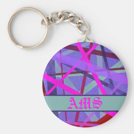 ピンクと紫の幾何学線パターンモノグラム キーホルダー (正面)