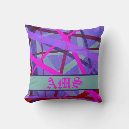 ピンクと紫の幾何学線パターンモノグラム クッション (正面)