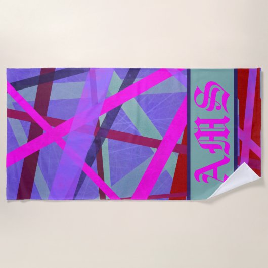 ピンクと紫の幾何学線パターンモノグラム ビーチタオル (正面)