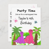 ピンクと紫の恐竜の誕生日招待状 招待状 (正面/裏面)