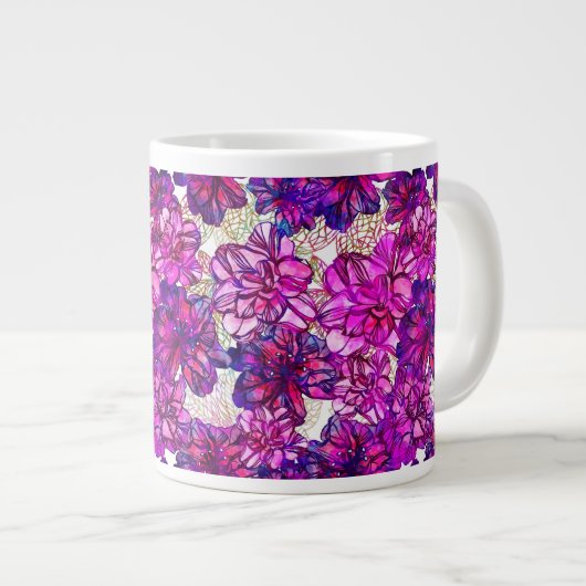 ピンクと紫の抽象芸術の花模様 ジャンボコーヒーマグカップ (正面右)