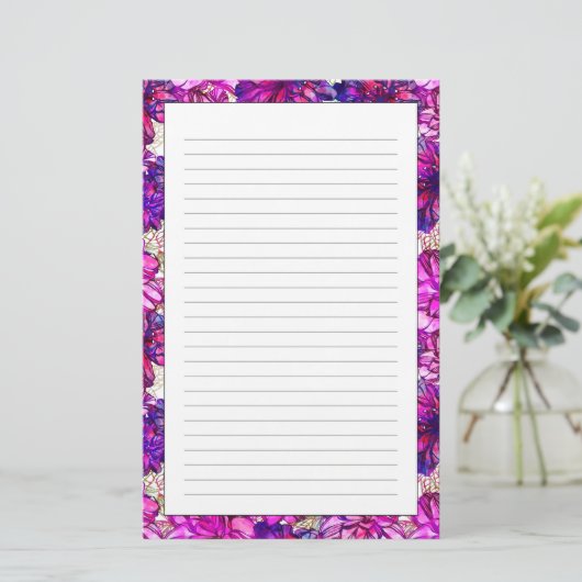 ピンクと紫の抽象芸術花模様 便箋 (スタンド正面)