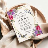 ピンクと紫の春の花の金ゴールド結婚フレーム 招待状