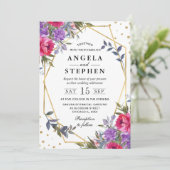 ピンクと紫の春の花の金ゴールド結婚フレーム 招待状 (スタンド正面)