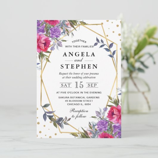 ピンクと紫の春の花の金ゴールド結婚フレーム 招待状 (スタンド正面)