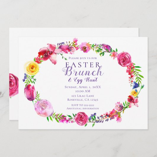 ピンクと紫の春の花フローラ モダン 招待状 (正面/裏面)