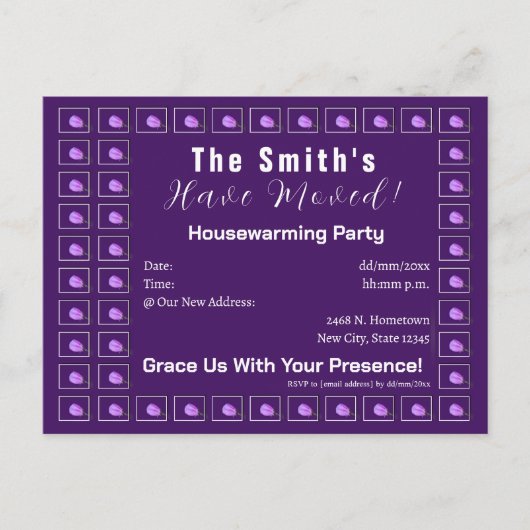 ピンクと紫の春ブロッサム引っ越し祝いパーティーパーティー 案内ポストカード (正面)