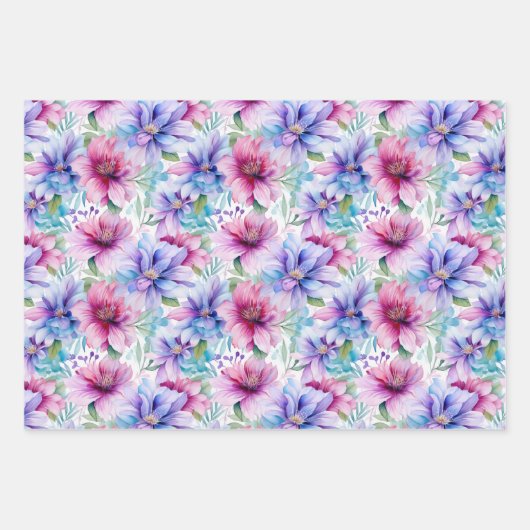 ピンクと紫の春花模様 ラッピングペーパーシート (正面3)