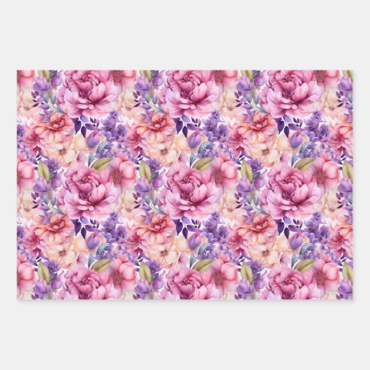 ピンクと紫の春花模様 ラッピングペーパーシート (正面)