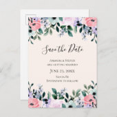 ピンクと紫の水の色のフローラ日付を保存 インビテーションポストカード (正面/裏面)