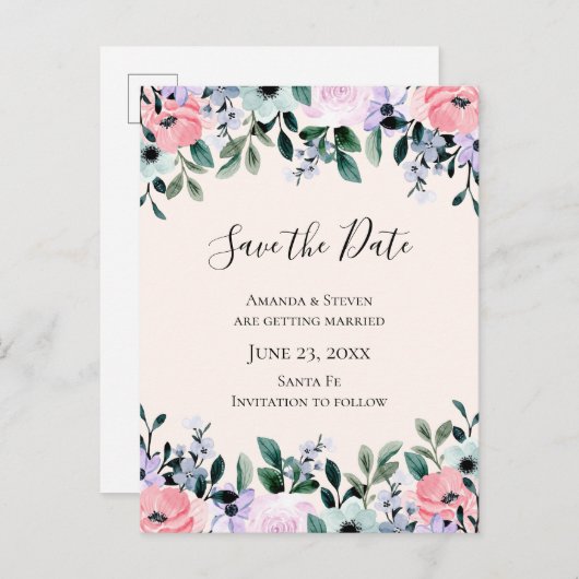 ピンクと紫の水の色のフローラ日付を保存 インビテーションポストカード (正面/裏面)