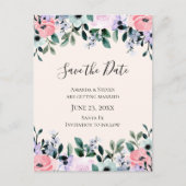 ピンクと紫の水の色のフローラ日付を保存 インビテーションポストカード (正面)