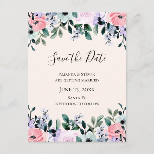 ピンクと紫の水の色のフローラ日付を保存 インビテーションポストカード (正面)