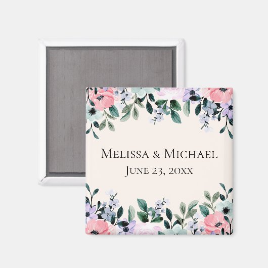 ピンクと紫の水の色のフローラ日付を保存 マグネット (正面/裏面)