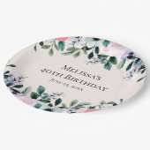 ピンクと紫の水カラーフローラ誕生日 ペーパープレート (アングル)