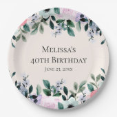 ピンクと紫の水カラーフローラ誕生日 ペーパープレート (正面)