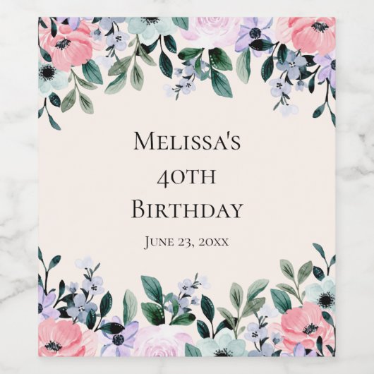 ピンクと紫の水カラーフローラ誕生日 ワインラベル (シングルラベル)