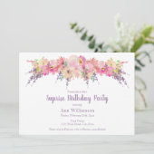 ピンクと紫の水カラーフローラ誕生日 招待状 (スタンド正面)