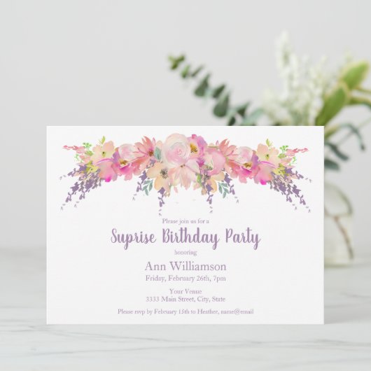 ピンクと紫の水カラーフローラ誕生日 招待状 (スタンド正面)