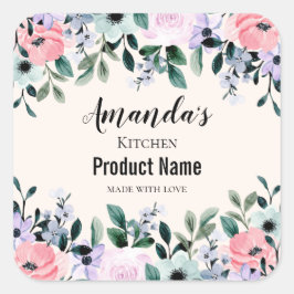 ピンクと紫の水彩フローラキッチン スクエアシール