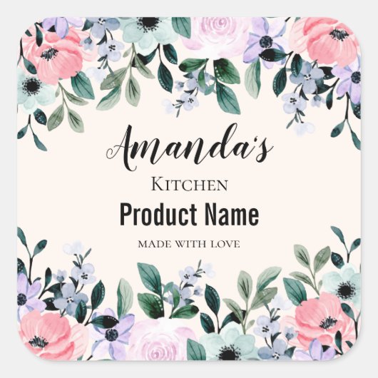 ピンクと紫の水彩フローラキッチン スクエアシール (正面)
